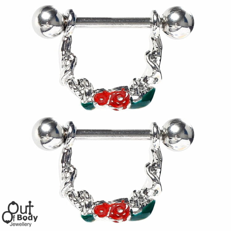 Red Rose And Vine Nipple Shield Ring