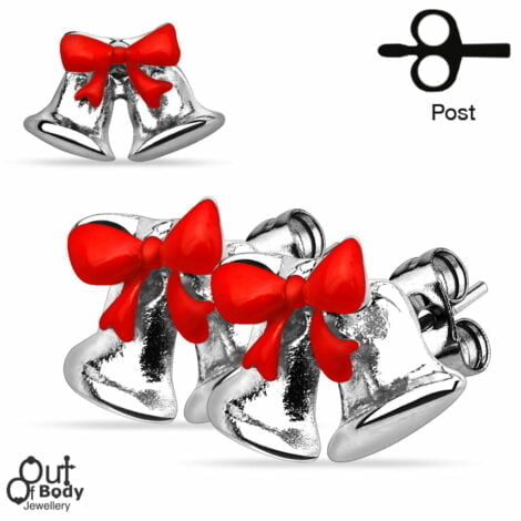 Christmas Ribbon Jingle Bell Pair 316L Stainless Steel Earrings