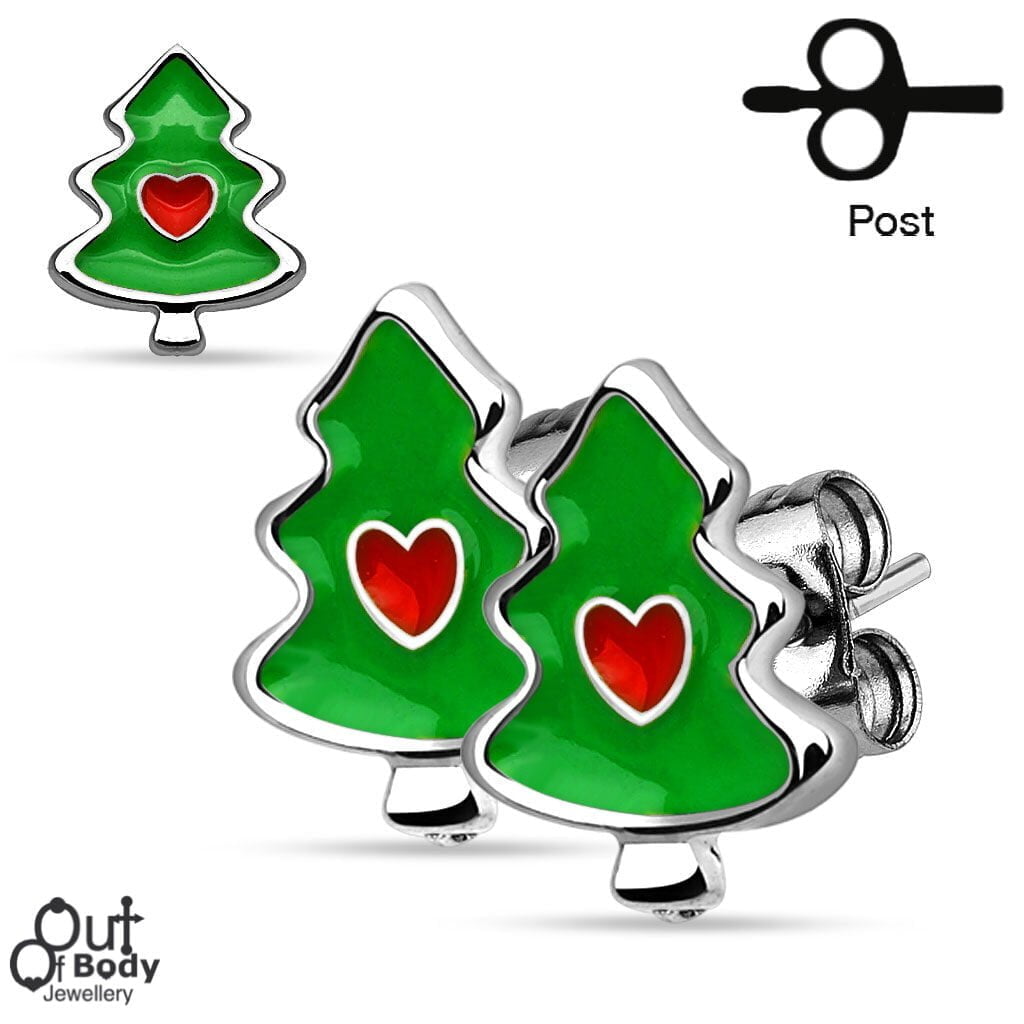 Christmas Trees w/ Heart Pair 316L Stainless Steel Stud Earrings