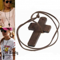 Brown Wood Cross With Leather Rope Necklace