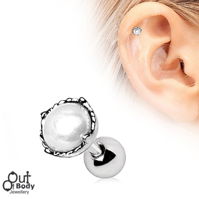 Cartilage/ Tragus Barbell W/ Crown Pearl Earring