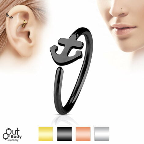 Hoop Nose Ring W/ Small Anchor Top In IP Colours