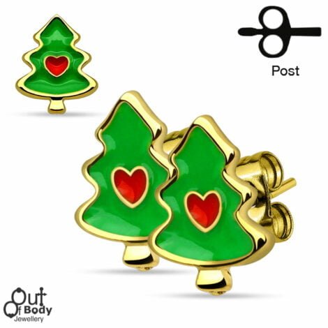 Christmas Trees w/ Heart Pair Gold Plated 316L Stud Earrings