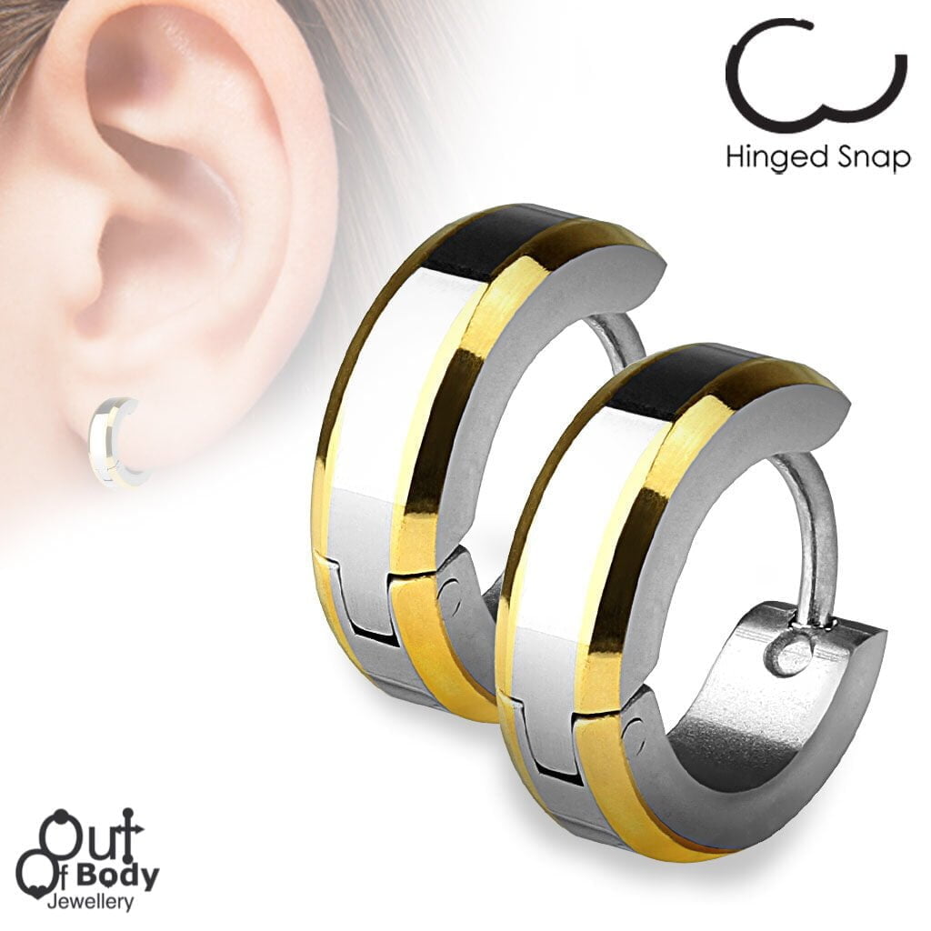 Hoop Earrings Gold Edges W/ Brushed Steel Center 316L S. Steel
