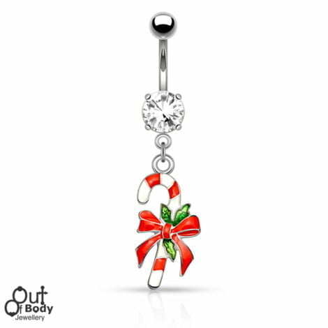 Christmas Navel Ring W/ Candy Cane Dangle