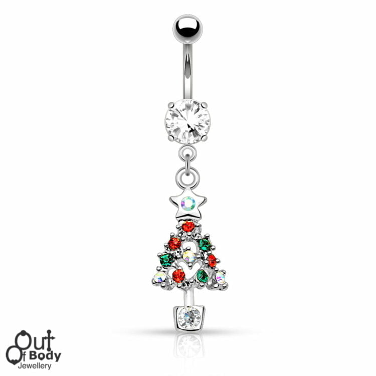 Christmas Navel Ring w/ Colourful Gem Paved Chrissy Tree Dangle