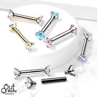 Straight Barbell Internally Threaded with Prong Set CZ Ends