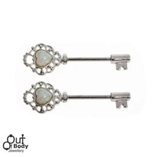 Nipple Barbell Key with Lacey Opal Heart Ends