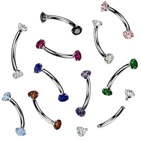 Curved Barbell with Prong Round CZ, Internally Threaded for Eyebrow