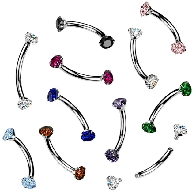 Curved Barbell with Prong Round CZ, Internally Threaded for Eyebrow