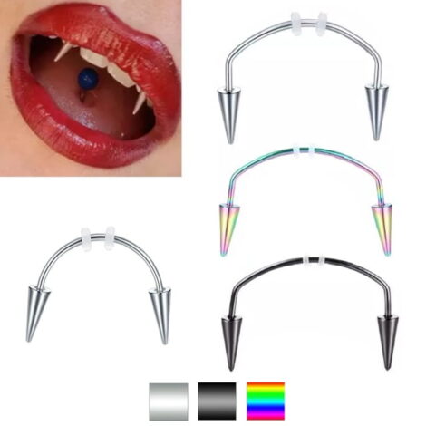 Smiley Horseshoe Barbell w/ Spikes for Vampire Fangs Halloween Teeth - Image 1