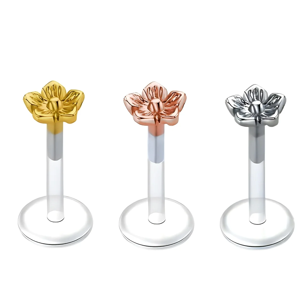 Ear Cartilage, Lip Labret Bioplast Stud with Push Fit Flower Top - Image 1