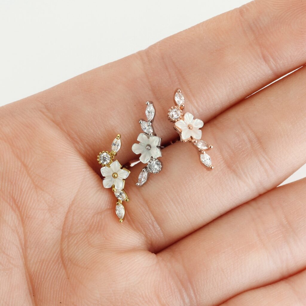 16G Mother of Pearl Flower Barbell with CZ Vine for Cartilage/ Lobe