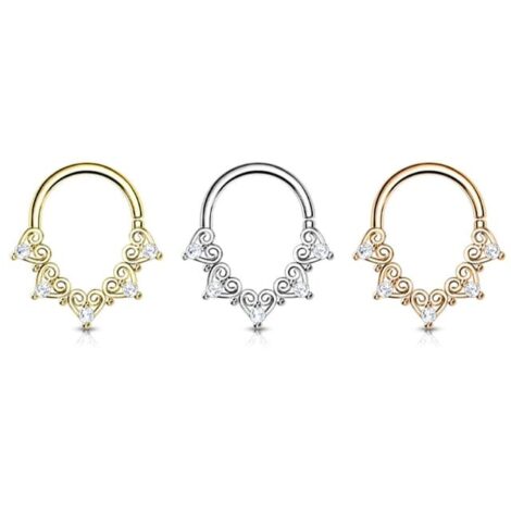 Heart Filigree Ring with Mini CZ Bendable Hoop for Daith Septum - Image 2
