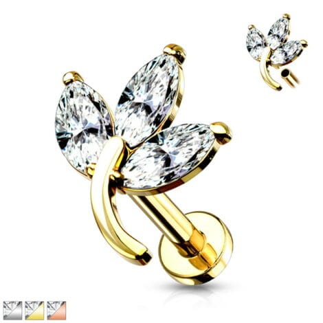 3 Marquise CZ Set Leaf Top Labret Internally Threaded Cartilage Stud