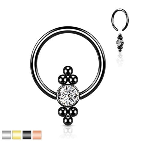 All 316L Surgical Steel Hoop Ring with Rotatable CZ Flat Ball and Bead Clusters
