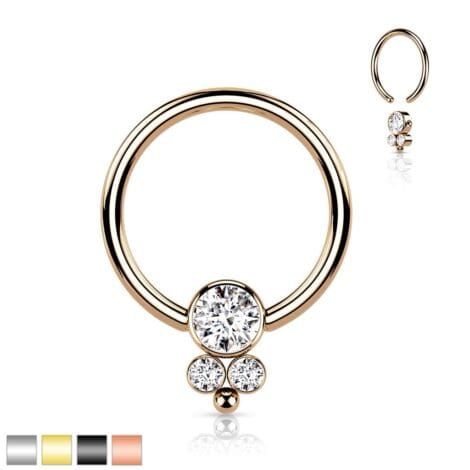 All 316L Surgical Steel Hoop Ring with Rotatable 3 CZ Flat Ball Cluster