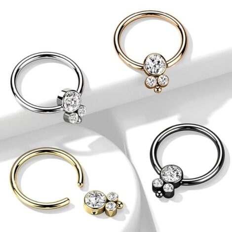 All 316L Surgical Steel Hoop Ring with Rotatable 3 CZ Flat Ball Cluster - Image 2