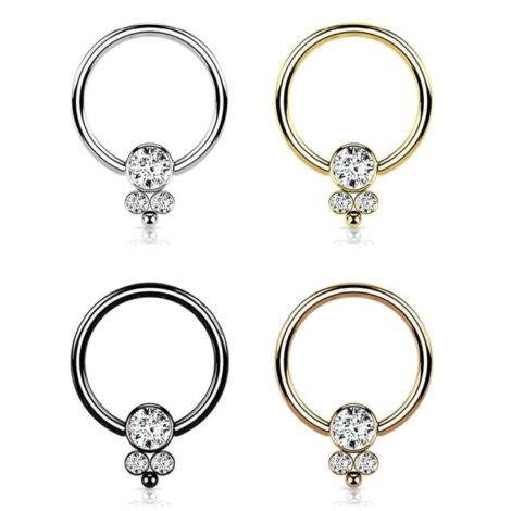All 316L Surgical Steel Hoop Ring with Rotatable 3 CZ Flat Ball Cluster - Image 4