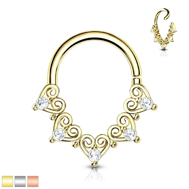 Heart Filigree Ring with Mini CZ Bendable Hoop for Daith Septum