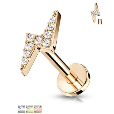 CZ Paved Lightning Bolt Top Labret Internally Threaded Flat Back Stud