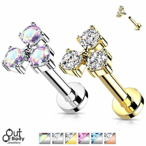 CZ Trilogy Set Internally Threaded Labret Ear Cartilage Studs