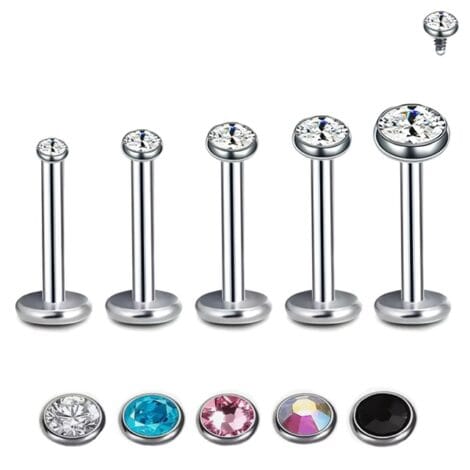 Labret Cartilage Stud Threaded with Colourful Jewelled Tops in 5 Sizes