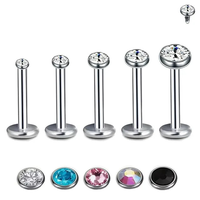 Labret Cartilage Stud Threaded with Colourful Jewelled Tops in 5 Sizes
