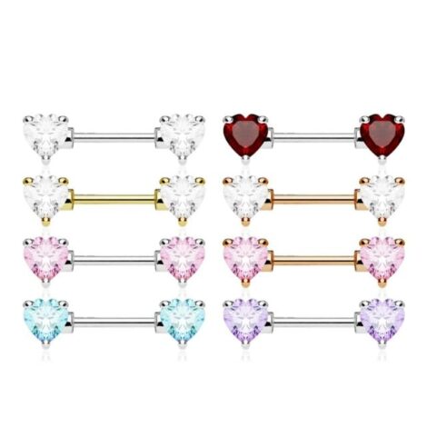Front Facing Prong Set Heart CZ Nipple Ring Barbell - Image 2