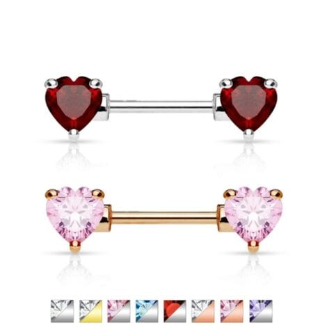 Front Facing Prong Set Heart CZ Nipple Ring Barbell
