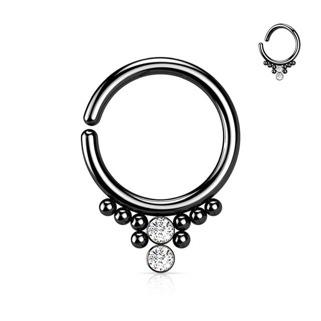All 316L Surgical Steel Hoop Ring with 2 Horizontal CZ Balls and Beading