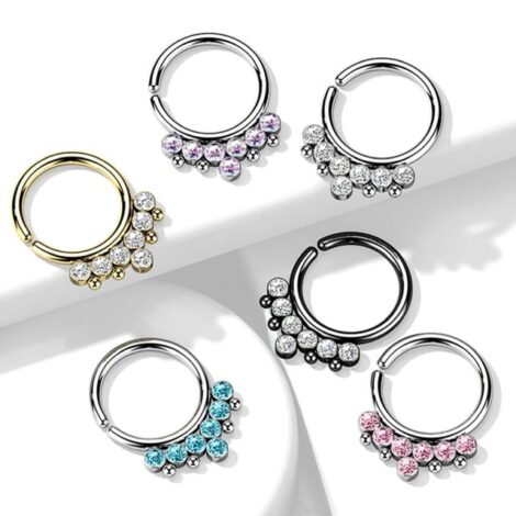 All 316L Surgical Steel Bendable Hoop Ring with 7 CZ Balls and Beading - Image 2