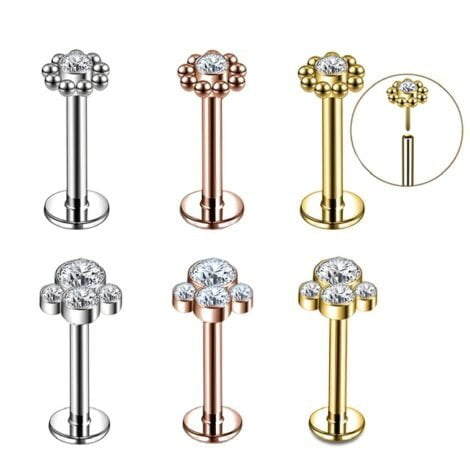 Labret Cartilage Stud with Threadless Push In Pin Gem Tops