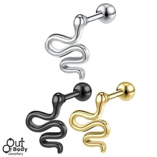 Barbell with Fixed Curly Snake Top Cartilage Lobe Earring