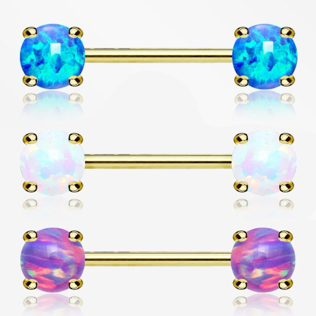 Front Facing 14KT Gold Prong Set Opal Nipple Bar Ring