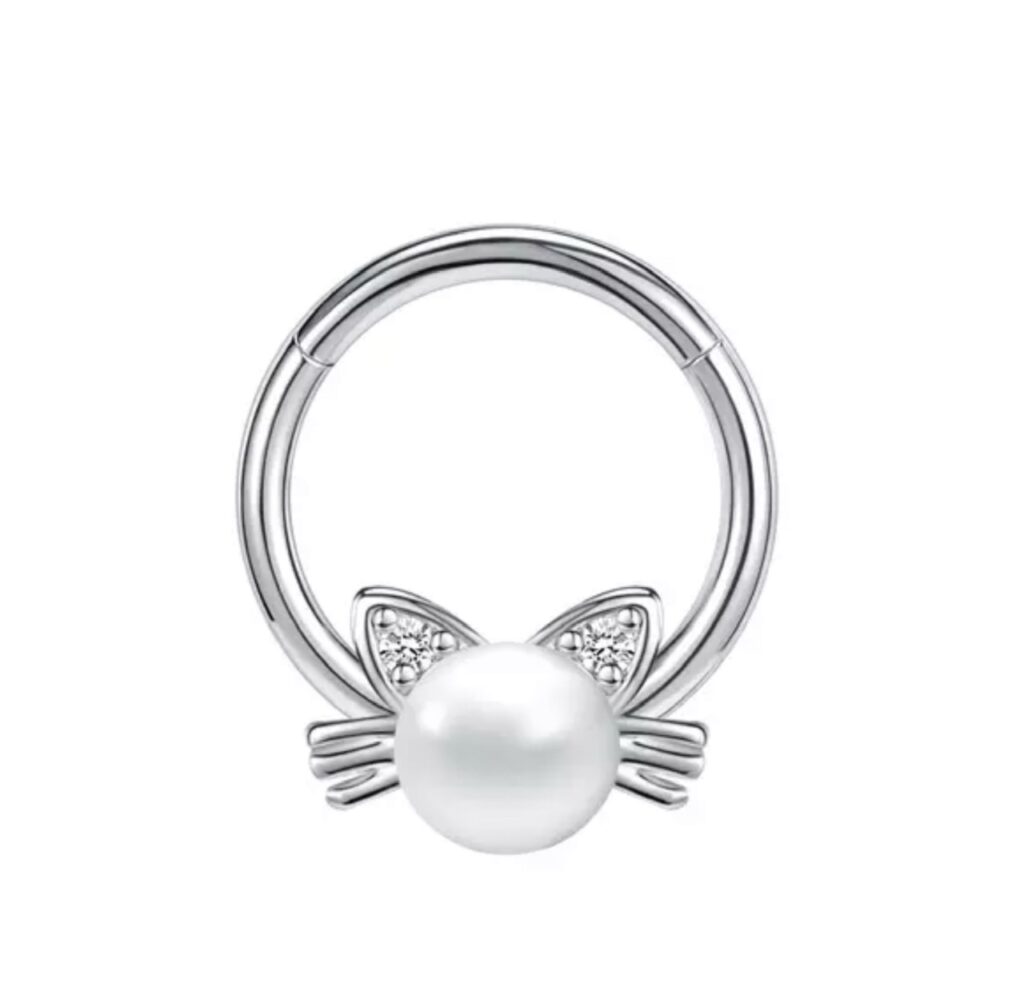 Hinged Segment Ring with Crystal Set Pearl Cat Charm