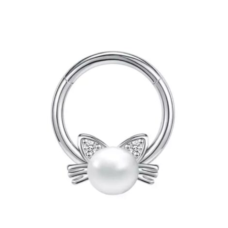 Hinged Segment Ring with Crystal Set Pearl Cat Charm - Image 1