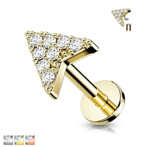 CZ Paved Chevron Arrow Top on Internally Threaded Labret, Cartilage Stud