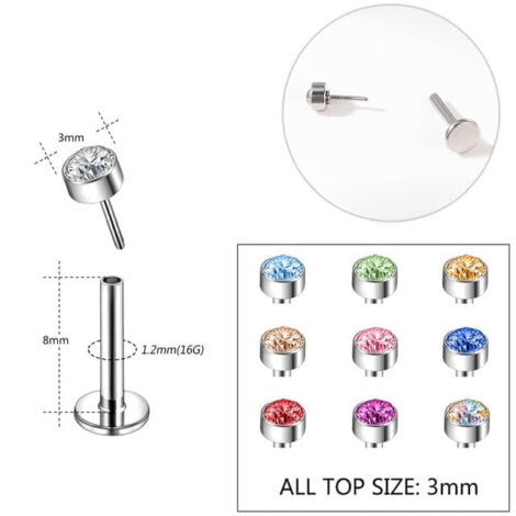 Labret Cartilage Stud with Threadless Push in Pin Crystal Top - Image 2