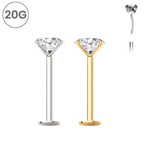 20GA Prong Set CZ Treadless Push Pin Top Labret Cartilage Lobe Nose