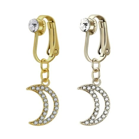 Fake Clip On Belly Ring with Gem Ball and Crystal Pave Moon Dangle