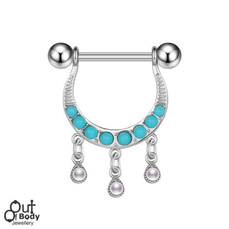 Aztec Royalty Turquoise and Dangling Pearl Nipple Ring Shield Pairs - Image 1