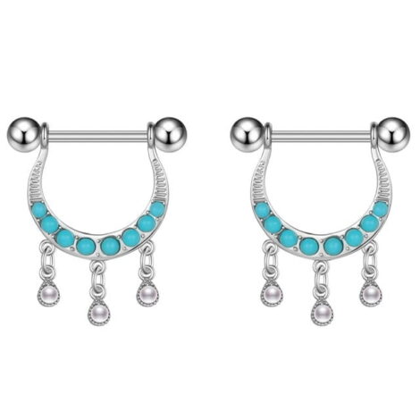 Aztec Royalty Turquoise and Dangling Pearl Nipple Ring Shield Pairs - Image 3