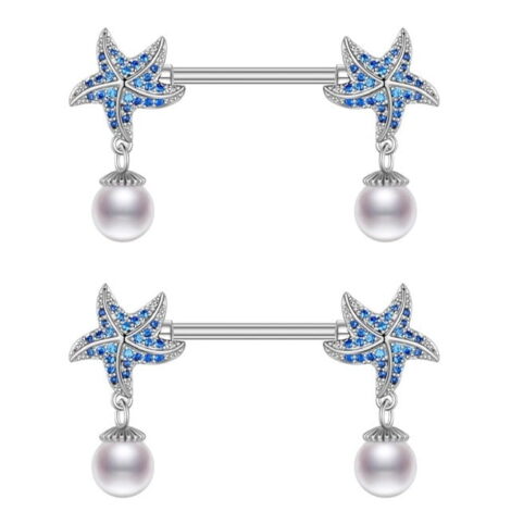 Blue Crystal Starfish with Dangle Pearl Nipple Ring Pairs - Image 3