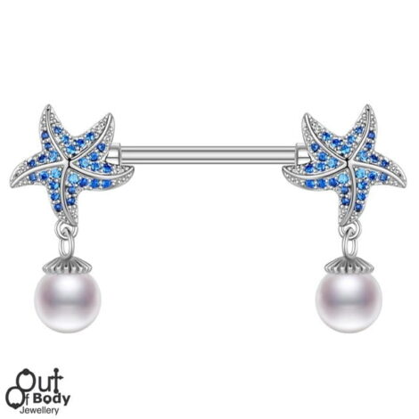Blue Crystal Starfish with Dangle Pearl Nipple Ring Pairs - Image 1