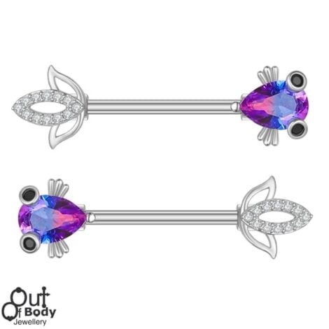 CZ Teardrop Purple Rainbow Fish Nipple Ring Pairs