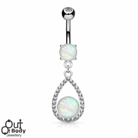Opal Glitter Center Crystal Paved Teardrop Dangle Belly  Ring