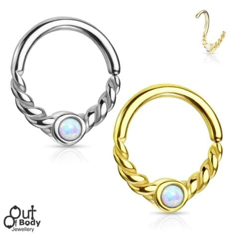 Cartilage/ Ear Septum Ring Opal Centered and Braided All 316L Surgical Steel Bendable