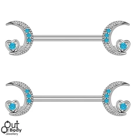 Blue Crystal Crescent Moon Love Heart Nipple Ring Pairs - Image 1