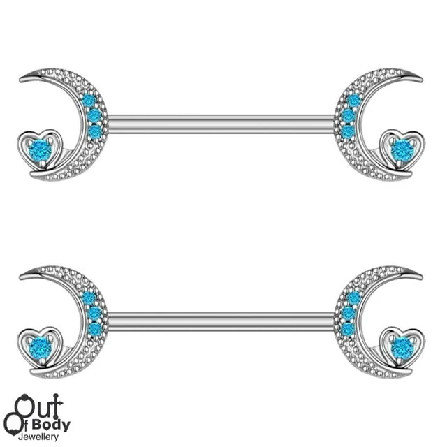 Blue Crystal Crescent Moon Love Heart Nipple Ring Pairs